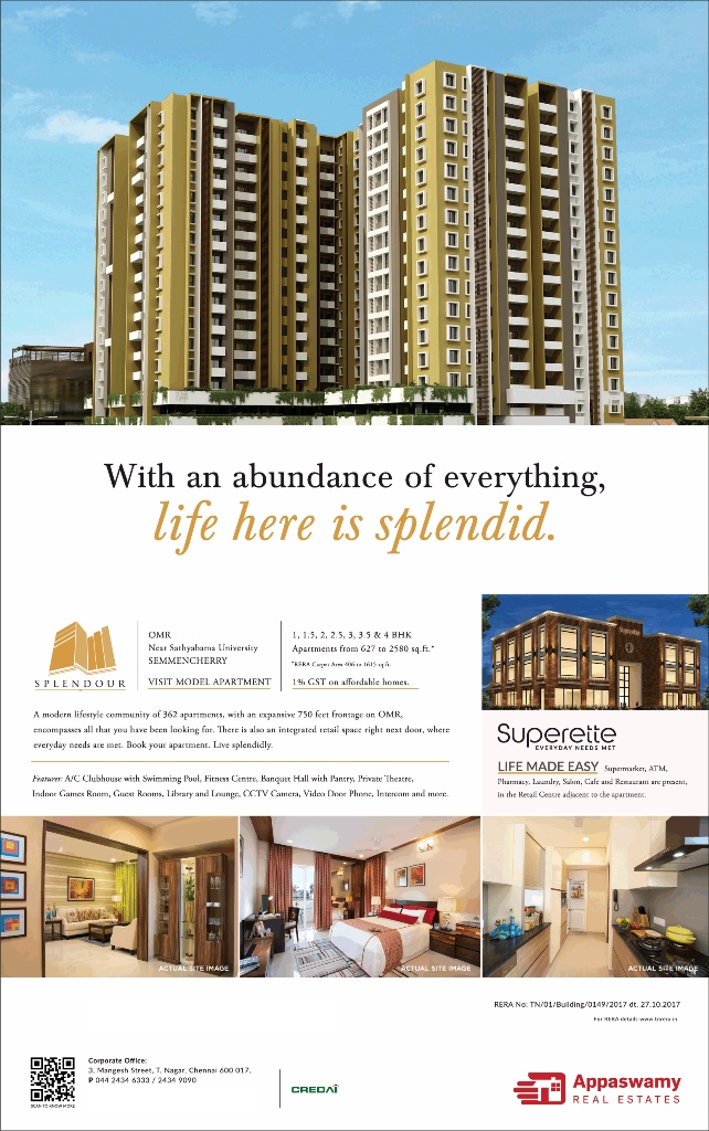 Presenting With an abundance of everything, life here splendid at Appaswamy Splendour in Chennai Update
